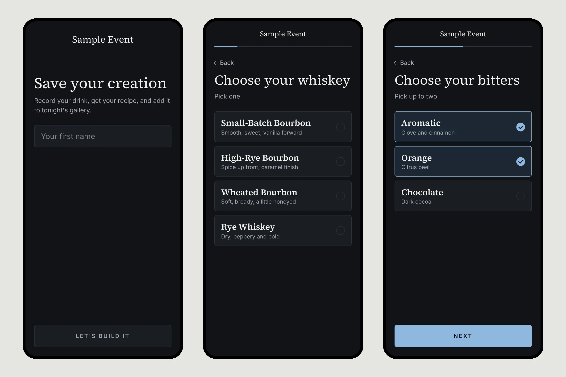 Three phone screens from the event guest app: a name entry screen, a whiskey selection screen, and a bitters screen with two options chosen.