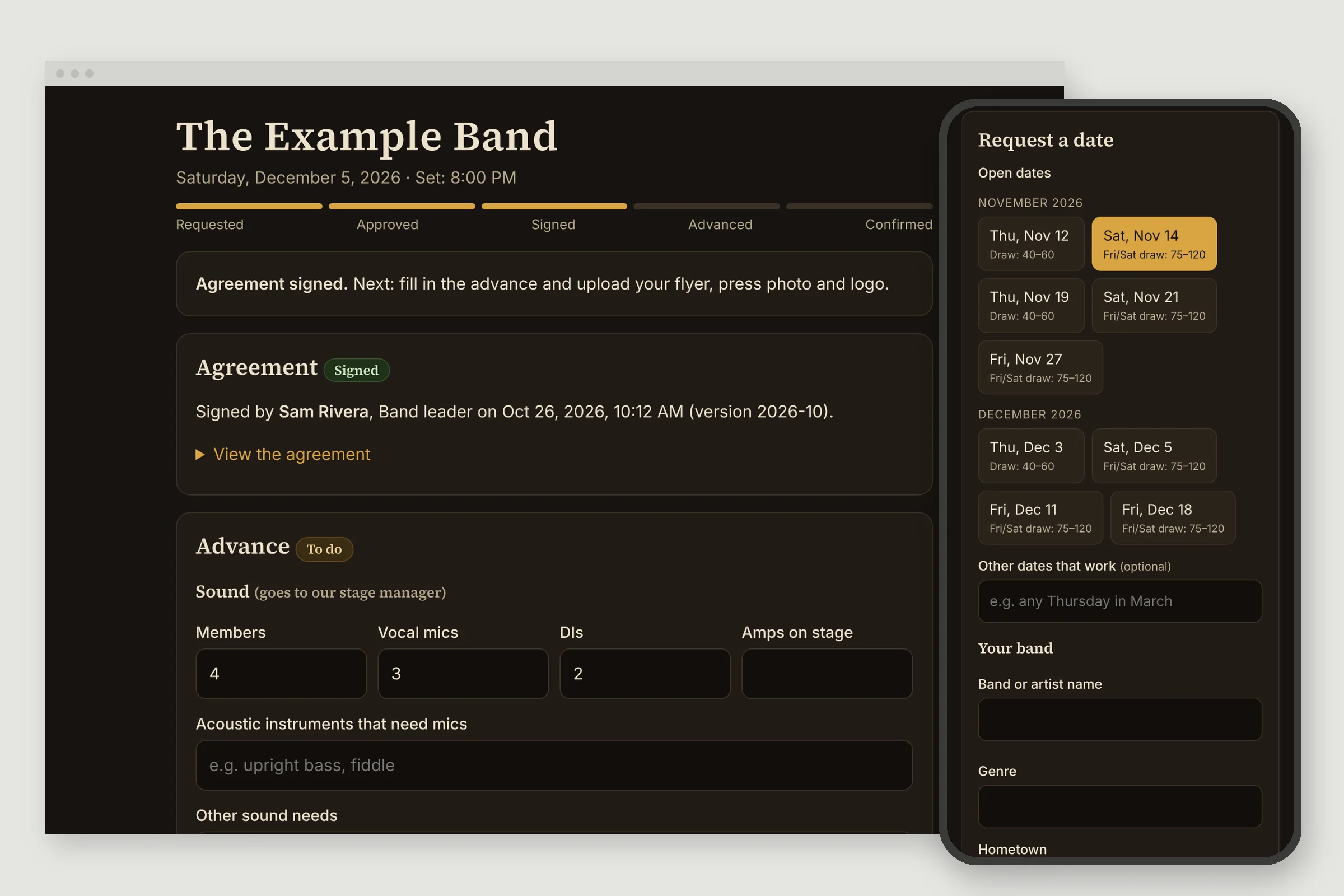 An artist booking portal showing a band's progress from requested to confirmed, a signed agreement, and an advance form, next to a phone showing open show dates to choose from.